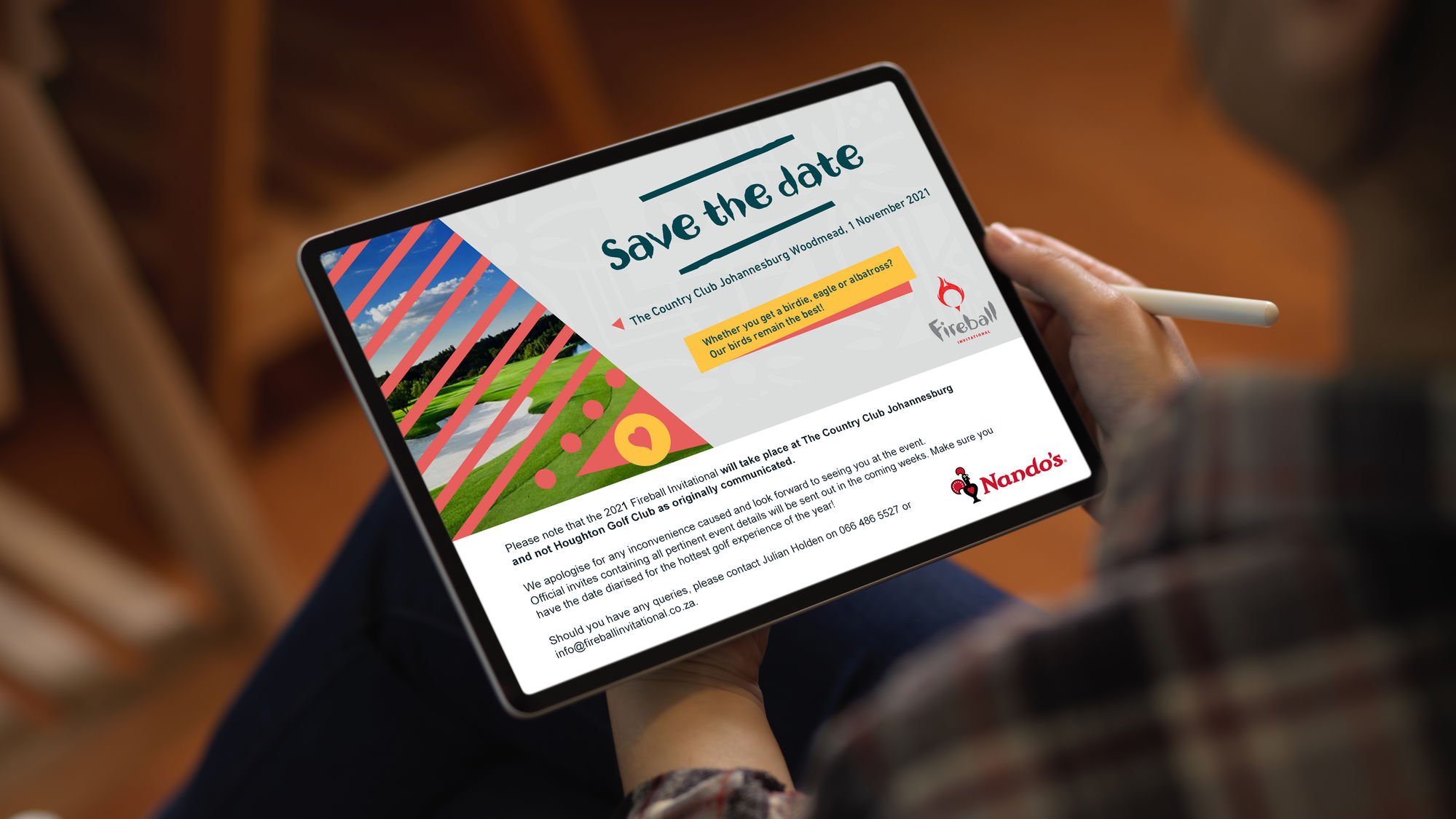 Nando&rsquo;s Fireball Invitational save-the-date on a tablet